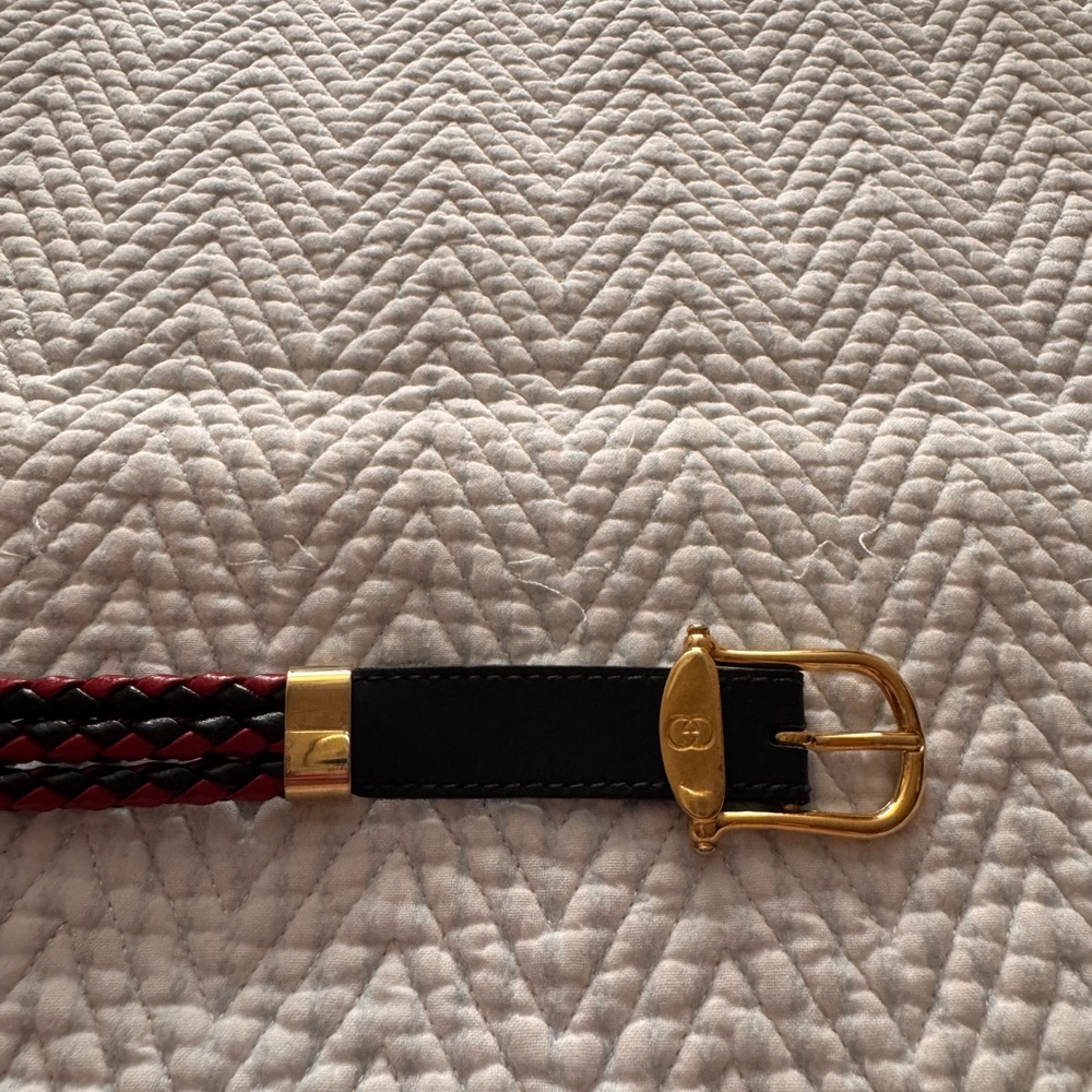 Pre loved Gucci Black and Red Braided Leather Belt with Gold Bucklep